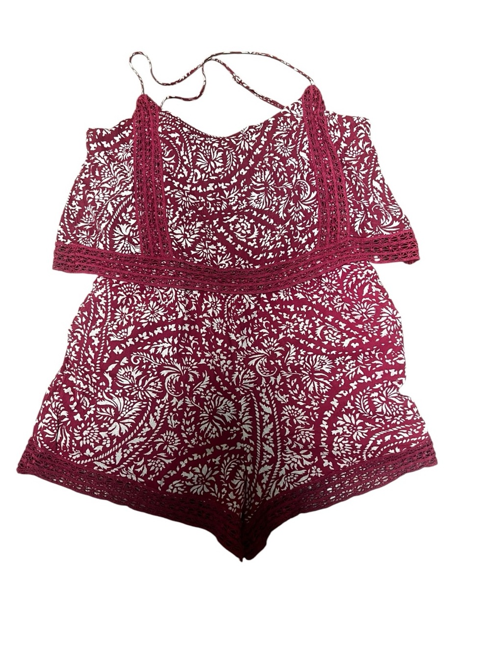 Maroon Floral Lace-Trim One-Piece Romper Summer Vibes